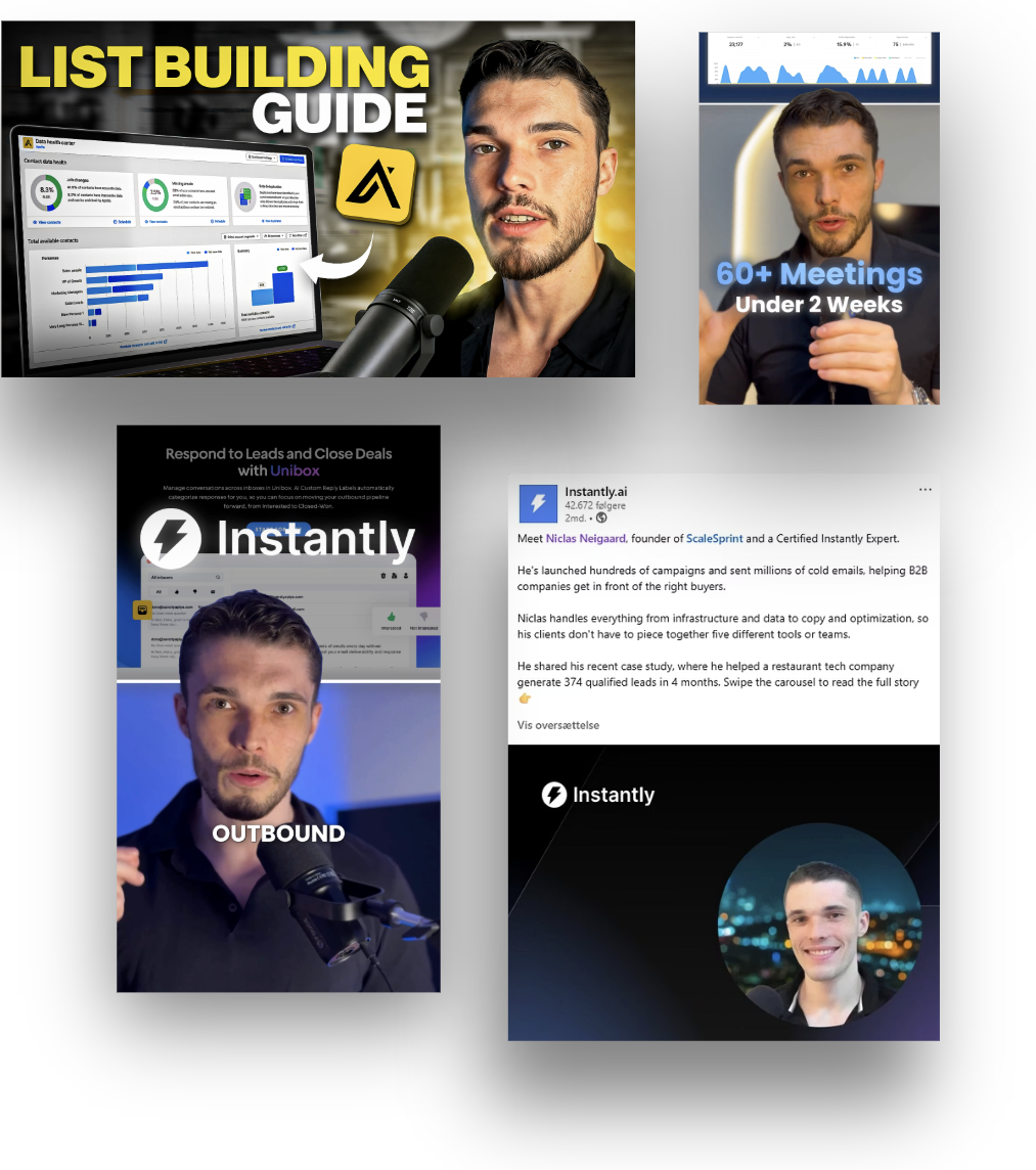 YouTube thumbnails from Niclas Neigaard's cold outreach channel, campaign analytics screenshots, and an Instantly.ai post naming him a Certified Instantly Expert.